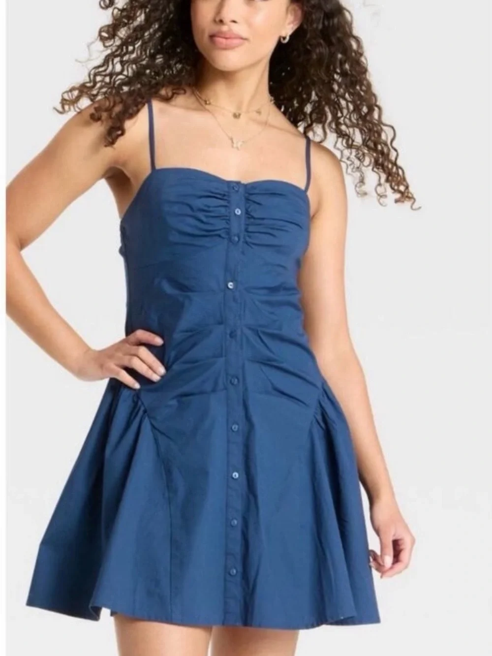 wild fable Navy Ruched Button-Front Mini Dress - Picture 3 of 6